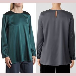 NWT$248 Eileen Fisher [ Small ] Stretch Silk Charmeuse Round Neck Top Pine Green